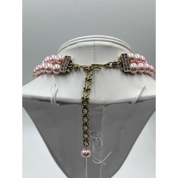 Heidi Daus "Beaux Arts" Pink Pave Crystal Bow Pearl Beaded Two Strand Necklace - Picture 8 of 15